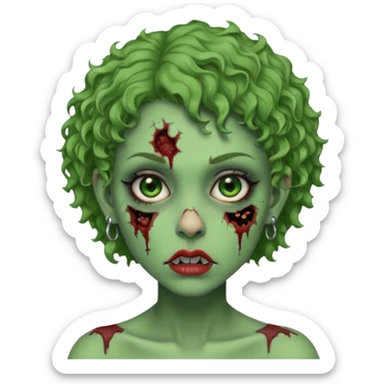 faça uma cabeça verde de zumbi femenina, com im cabelo curtinho cacheado, piercing no nariz, e brincos na orelha e várias cicatrizes sticker