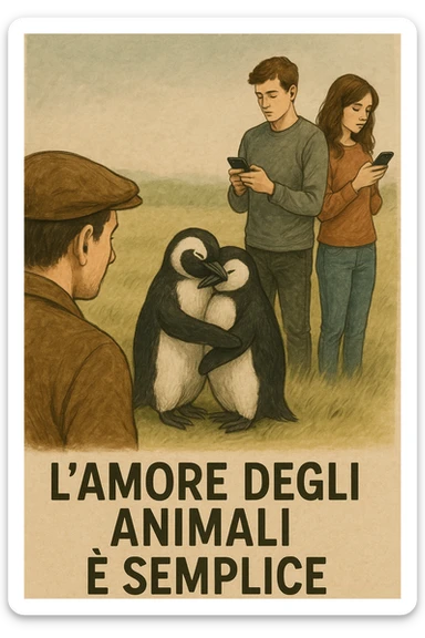 Vertical format: A man watching two penguins hugging. Next to them, a human couple is immersed in their phones and distant from each other. Include Italian text: 'L'amore degli animali è semplice'. sticker