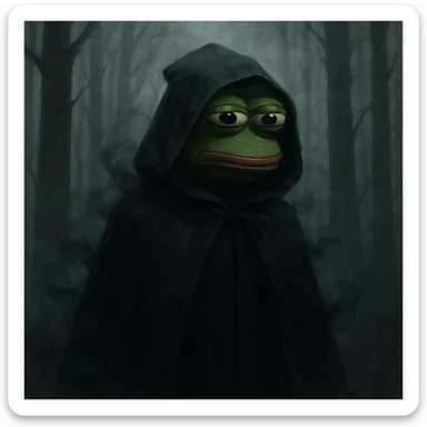 Пэпэ with a dark cloak and a mysterious aura, standing in a foggy forest sticker