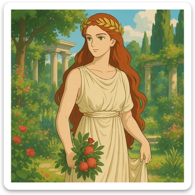 Persephone as a red-haired goddess, in a lush garden, classical Greek style, serene and powerful sticker