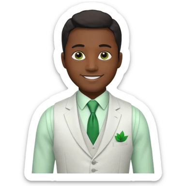 businessman, black skin, black eyes, white suit vest, green tie sticker
