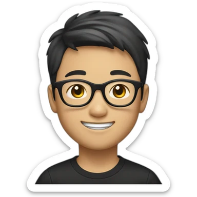 The young Chinese boy smiled with short hair, black-rimmed glasses and a black T-shirt. sticker