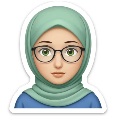 A hijabi girl, with Green eyes and glasses, white Skin with white hijab and a blue Long Shirt sticker