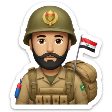 A tired and sad, swarthy Iraqi soldier with a beard, an Iraqi flag on his helmet, a sad expression and bags under his eyes sticker