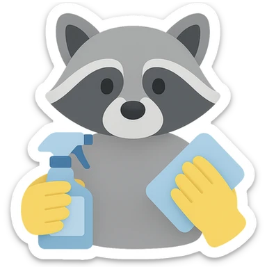 a raccoon with a cleaning spray and cloth, wearing gloves, modern flat color style sticker