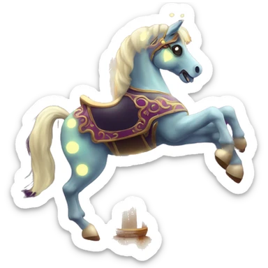 creepy carousel horse with glowing eyes, spinning in a dark circus sticker