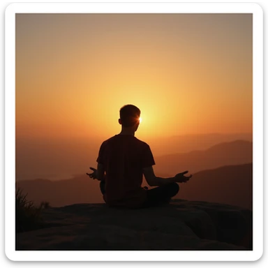 vertical photograph of a man practicing fasting to regenerate the body, man watching the sunset, contemplative atmosphere, realistic style sticker