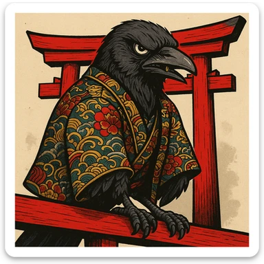 A tough-looking crow with a gold tooth, wearing a patterned yakuza jacket, perched on a red torii gate. sticker