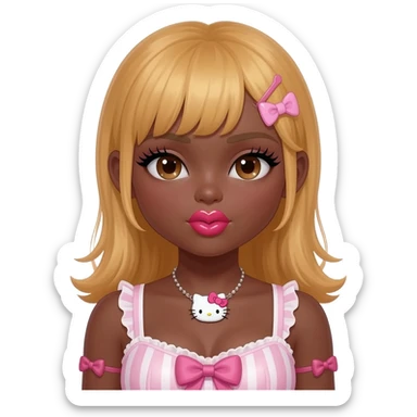 heart shaped lips, cute glossy lips, doll eyes with long lashes, dark brown skin, honey blonde hair, big chest, hello kitty necklace, one bow clip, bimbocore outfit sticker