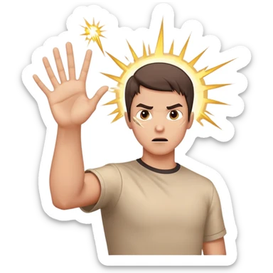 person aiming open palm hand at viewer, hand takes up most of the image, wrathful destructive facial expression, lightning blasts in background sticker