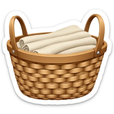 A woven light Brown basket with fresh washed linen sticker