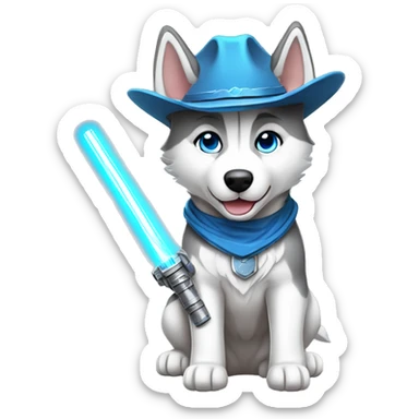 Gray Siberian Husky with blue eyes puppy wearing a cowboy hat dressed in Jedi clothing Holding a Lightsaber with the Paw sticker