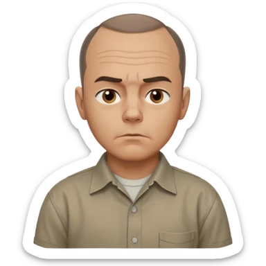 Carl from Sling Blade, serious expression, recognizable features, chin sticking out, slouching posture, no glasses, shirt with collar,  side view,show his entire body, he is standing. three-quarter face angle. He sticks his head forward. not apple style emoji sticker