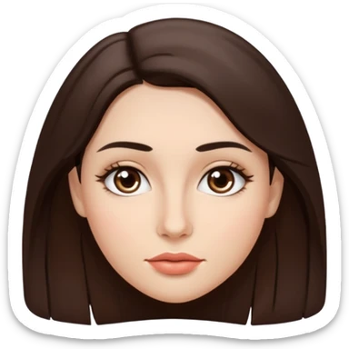 A woman emoji with fair skin, slightly wavy dark brown hair parted in the middle, an oval-shaped face, arched dark eyebrows, almond-shaped brown eyes, a small straight nose, and full lips. sticker