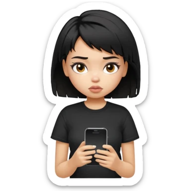 generate a pretty bratz girl with short black very messy hair, looking tired and using her phone, wearing an oversized black tshirt sticker