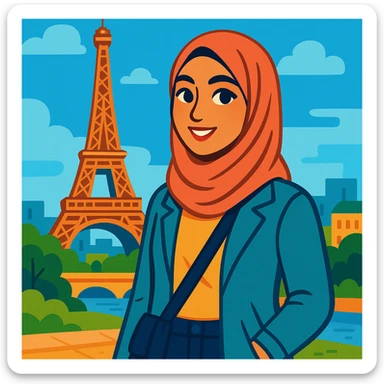 A hijabi woman standing in front of the Eiffel Tower, Paris, wearing a stylish hijab and modern clothes, city background, vibrant and welcoming style. sticker