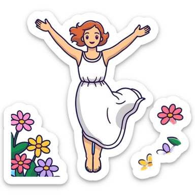 Ophelia floating in water surrounded by flowers, woman in dress with arms outstretched, based on the famous painting by John Everett Millais sticker