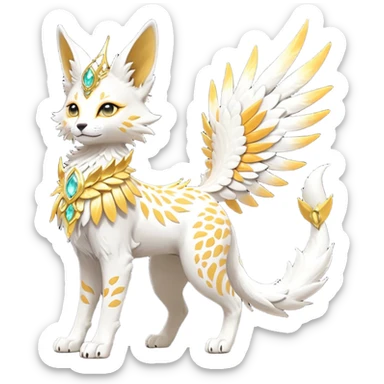 Epic complex fantasy glorious detailed futuristic divine godly angelic feathery sunny, white, albino, pastel, golden, orange glowing sparkly, realistic Fakémon-Sprigatito-Floragato-Meowscarada-Trico-Sergal-Serval-Solgaleo-Vernid-creature (full body) solarpunk, shiny sparkly with a gold laurel sticker