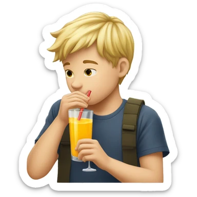 A blonde boy sucking or drinking juice with a straw while his hand is holding the drink, profile view sticker