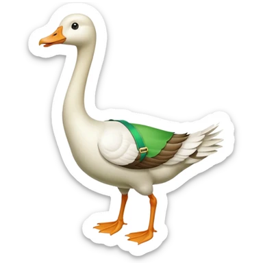 "Emoji of a white running goose with a very long neck and two legs. The goose wears bright green suspenders." sticker