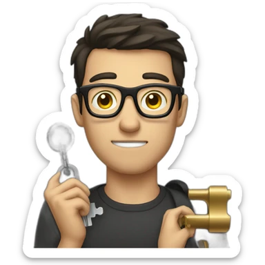 dark-short-haired man with glasses, struggling to fit a key into a lock sticker