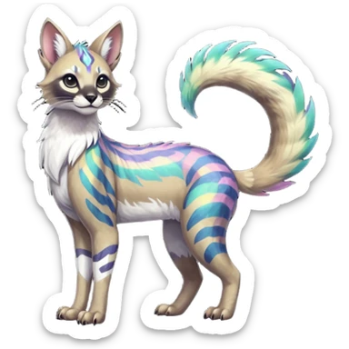 Colorful dark tropical feathery tribal pale light fruity pastel white glorious iridescent divine exotic cute cool beautiful beautiful fantasy-caracal-civet-genet-sergal-vernid-Gryphon-Cacomistle-Trico-oncilla-animal-Fakémon-hybrid-fursona (full body) sticker