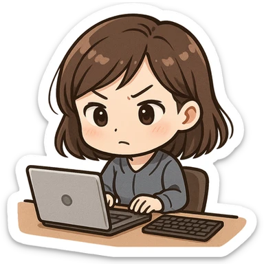 chibi style cute Asian lady with brown hair, really focused on her work at her desk, with a keyboard and a laptop sticker