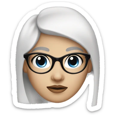 a girl with white skin, long black hair, blue eyes, an oval face, a sharp, neat nose, dark, neat eyebrows and trapezoidal rounded glasses sticker
