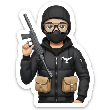 YN wearing a ski mask, holding a gun, all black fit, black jeans, Sprayground bookbag, confident stance with glasses sticker
