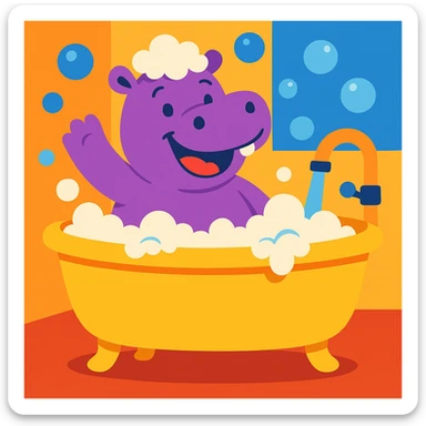 happy hippo with bubbles in bathtub sticker