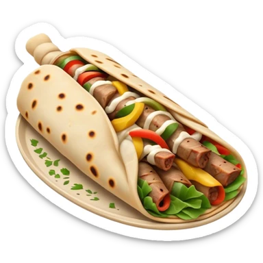 Cinematic Realistic Shawarma Dish Emoji, showcasing spiced, succulent meat wrapped in flatbread with fresh vegetables rendered with lifelike detail and dynamic, appetizing lighting. sticker