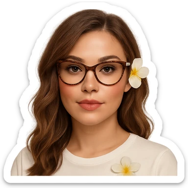 profile picture of a woman with light brown wavy hair, wearing blush and bronzer, cheetah print glasses, a white top with a frangipani flower on it, and long lashes sticker