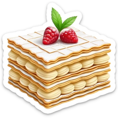 Cinematic delicate mille-feuille, thin crispy pastry layers filled with smooth vanilla cream, dusted with powdered sugar, elegant presentation, highly detailed and sophisticated. sticker