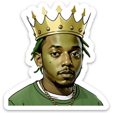 Peepo style emoji of Kendrick Lamar as a king, gold crown, smiling, cartoonish and adorable sticker