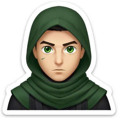 A sharp-featured assassin in a black scarf, only his intense green eyes visible under the hood sticker