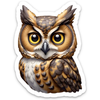 Cinematic Cute Great Horned Owl Portrait Emoji, Head tilted playfully and inquisitively, featuring a lush mottled Fur with intricate patterns of gray and white, round, sparkling golden eyes filled with curious wonder, Simplified yet irresistibly adorable features, highly detailed, glowing with a warm, friendly glow, high shine, affectionate and wise, stylized with a touch of nocturnal whimsy, bright and endearing, soft glowing outline, capturing the essence of a mischievous yet loving owl, so playful it feels like it could glide out of the screen and perch in your arms! sticker