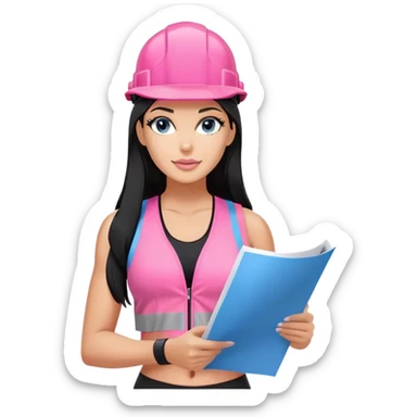 pink construction hat, blue print in hand, long black hair tanned woman, black sports bra, pink vest, sexy sticker