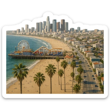 cinematic realistic emoji of Los Angeles, wide city view focusing on the coast with the Santa Monica Pier, Venice Beach, Pacific Park Ferris wheel, and palm trees, lifelike architectural detail, accurate colors, bright daytime lighting, fully transparent background, no sky, no clouds, no city name label sticker