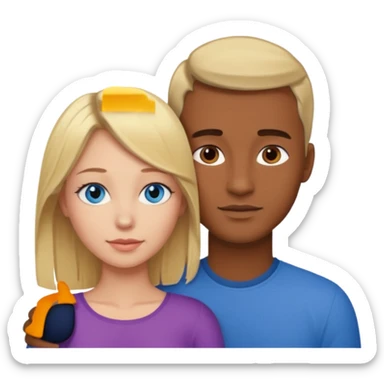 blonde hair blue eyes woman embracing a taller man who has brown skin and dark brown hair sticker