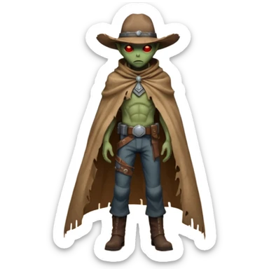 A rugged alien outlaw cowboy with scars and glowing red eyes, torn futuristic poncho, standing in a deserted alien town, dust blowing through empty streets, moody shadows, gritty sci-fi western realism
 sticker