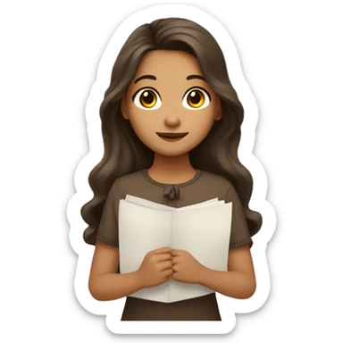 girl with olive skin, brown eyes and brown long wavy hair, an a bow holding papers sticker