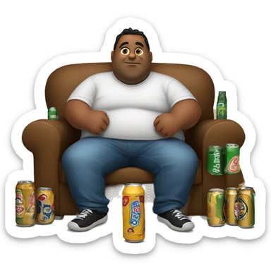 Fat brown guy sitting in the sofa  with beer and empty cans of beer around him sticker