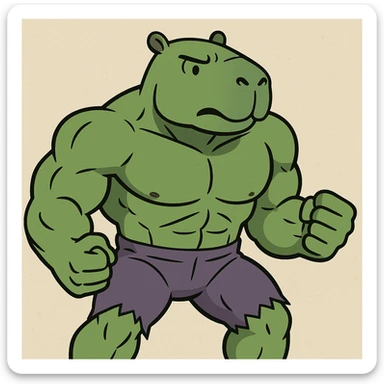a superhero like the Hulk, but with a capybara face, strong build, green color, cartoon style sticker