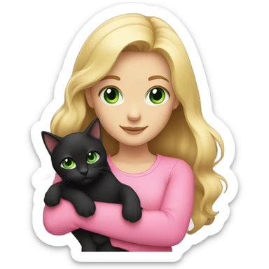 blonde girl wearing pink with green eyes holding a black cat  sticker