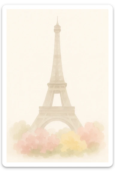 soft watercolor style illustration of the Eiffel Tower with colorful bushes of pink and yellow flowers at the base sticker