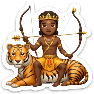 Ayyappa sitting on tiger with bow and arrow and wearing a gold and king dress sticker