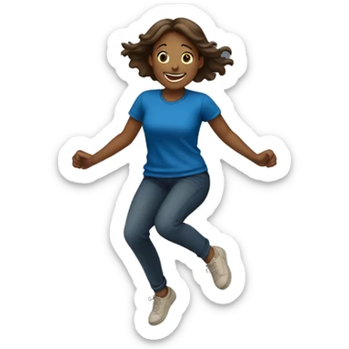 Girl jumping in celebration, showing her from behind, just from the hips to the head, light dark skin and brown hair and dark blue T-shirt sticker