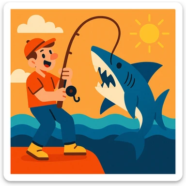 a man holding a fishing pole with a shark at the end of the line, clear and engaging style, vibrant and colorful illustration sticker