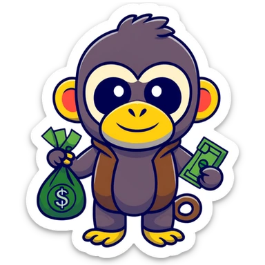 sneaky monkey thief with a bandit mask and money bag sticker