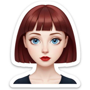 Artistic young woman with pale skin, oval face, large expressive blue eyes with eyeliner, thin arched eyebrows, small nose, full lips with red lipstick, dark auburn hair that's straight with slight waves at ends, straight bangs, wearing a black top, warm creative expression sticker